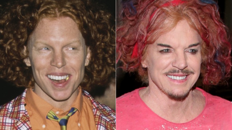 Carrot Top smiling for cameras in New York City in January 1987 and smiling in Vegas in March 2022