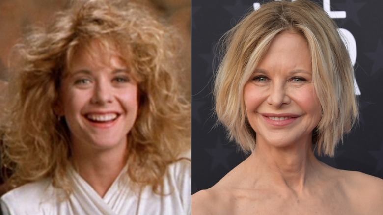 Meg Ryan as Sally in When Harry Met Sally and smiling at an event in January 2024 in Santa Monica, California