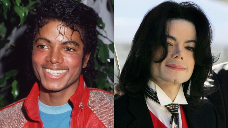 Michael Jackson smiling in his iconic red leather jacket in 1983 and smiling in 2005 in California outside a courthouse