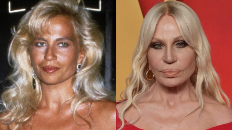 Donatella Versace at a gala in New York City in 1989 and posing in all red at an Oscar Party in March 2024