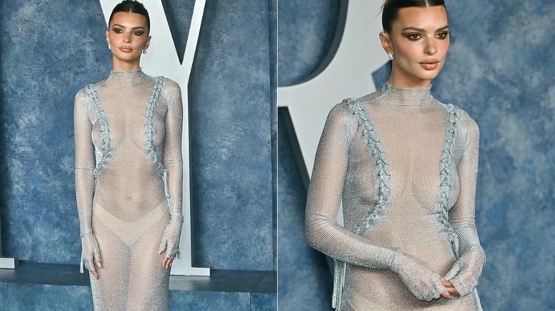 Emily Ratajkowski sheer silver dress