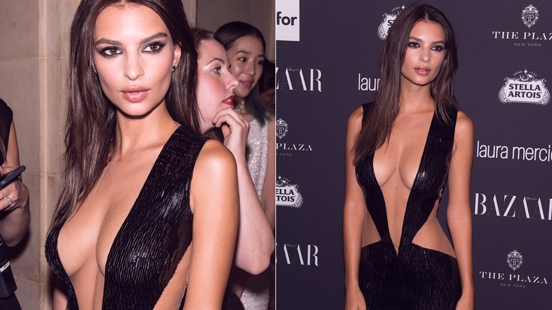 Emily Ratajkowski low-cut black dress