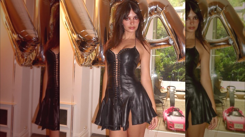 Emily Ratajkowski black Leather minidress