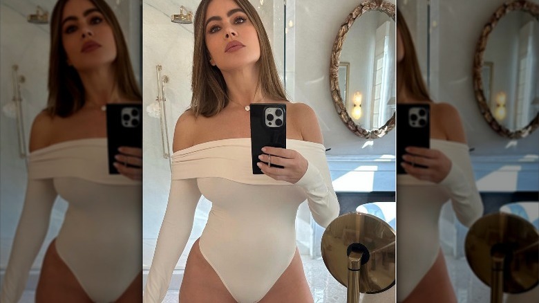 Sofia Vergara takes a selfie showing off a bodysuit for her Walmart line