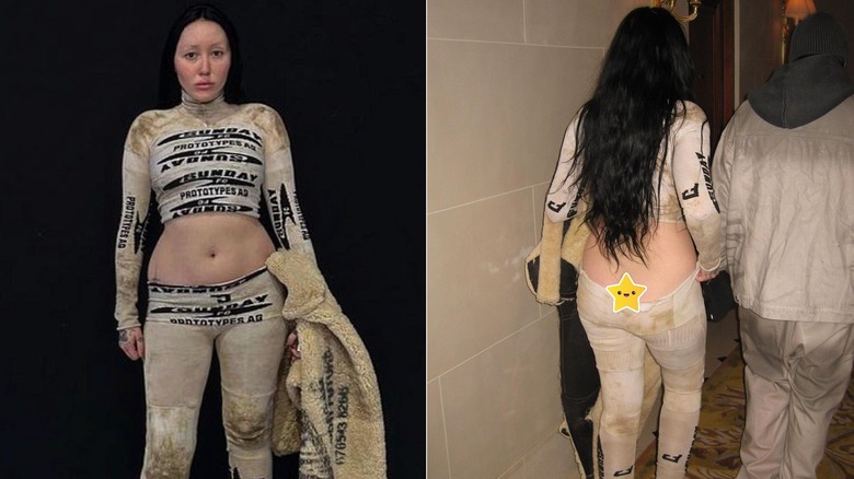 Noah Cyrus wearing a two-piece Prototypes outfit with low-rise leggings from the front and back