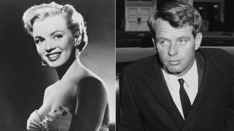 Marilyn Monroe and Bobby Kennedy, separate black and white photos; she is smiling