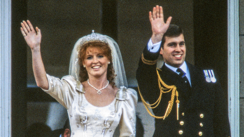 Sarah Ferguson Prince Andrew wedding day, waving