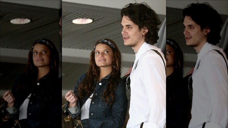 Jessica Simpson looking up at John Mayer 