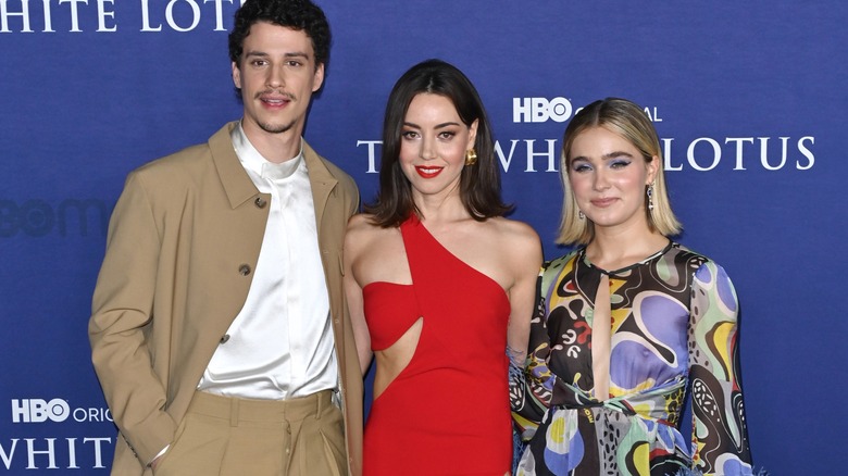 Adam DiMarco, Aubrey Plaza, Haley Lu Richardson red carpet