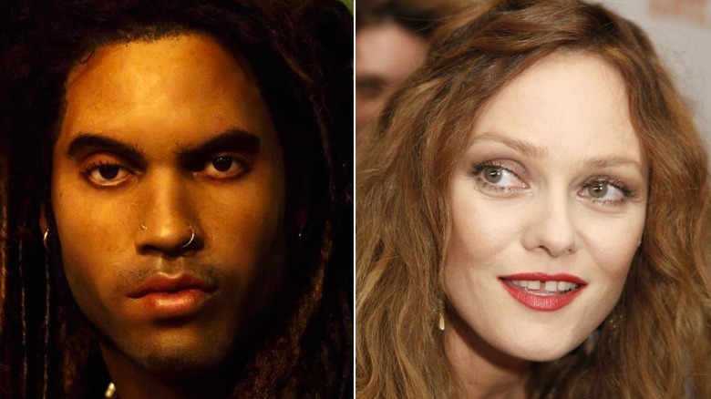 Lenny Kravitz and Vanessa Paradis posing in split image