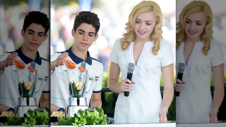 Peyton List watching Cameron Boyce fill blender