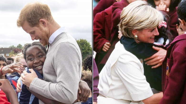 Prince Harry and Princess Diana hugging the public