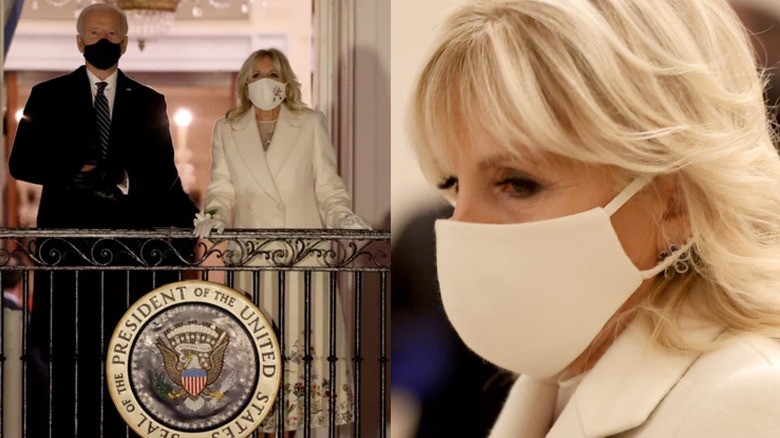 President and Dr. Jill Biden on balcony (left), Dr. Jill Biden wearing facemask (right)