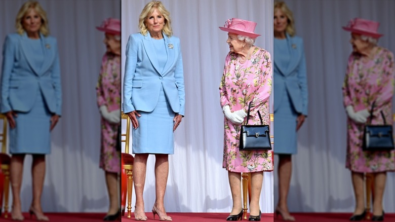 Dr. Jill Biden and Queen Elizabeth smiling 