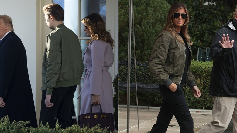 Barron Trump, Melania Trump wearing green coats