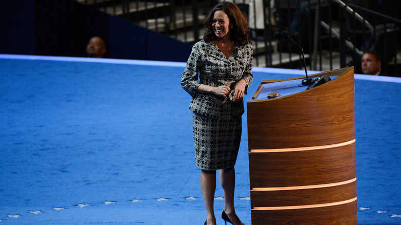 Kamala Harris chats onstage at the 2012 DNC.