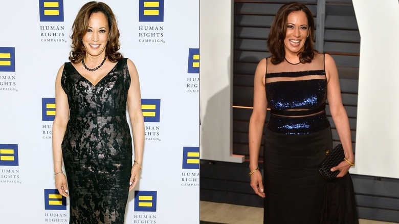 Kamala Harris posing on the red carpet at two separate black-tie functions