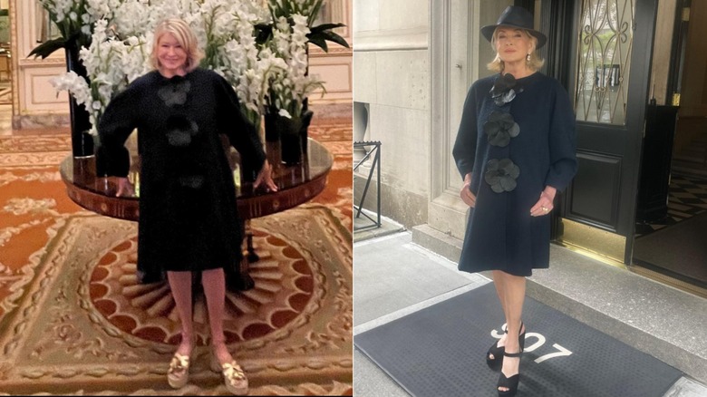 Martha Stewart posing in a coat dress ahead of a fashion show and on her way to a lunch.