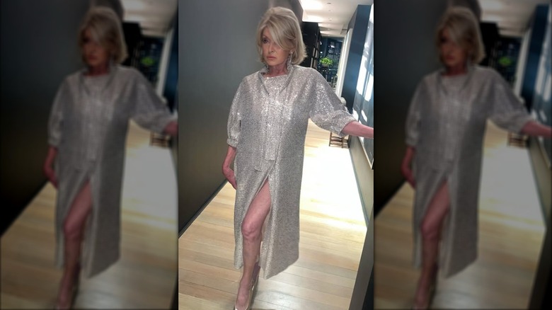 Martha Stewart posing with her leg through the slit of a sparkly dress.