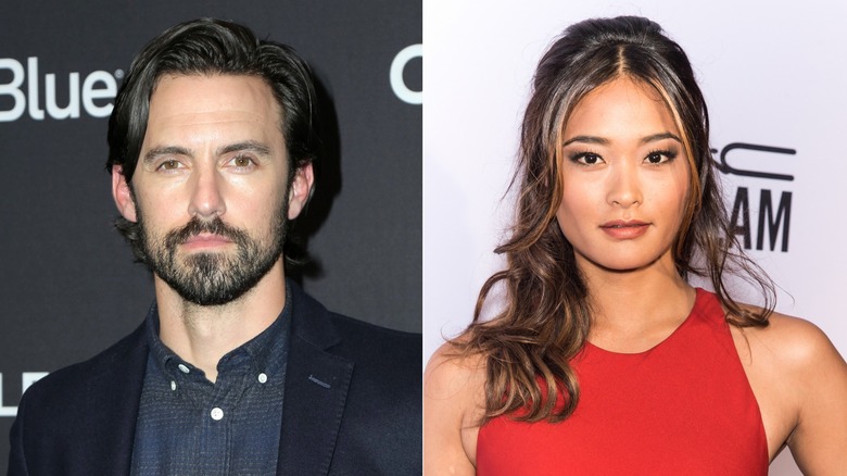 Split image of Milo Ventimiglia and Jarah Mariano in close-up