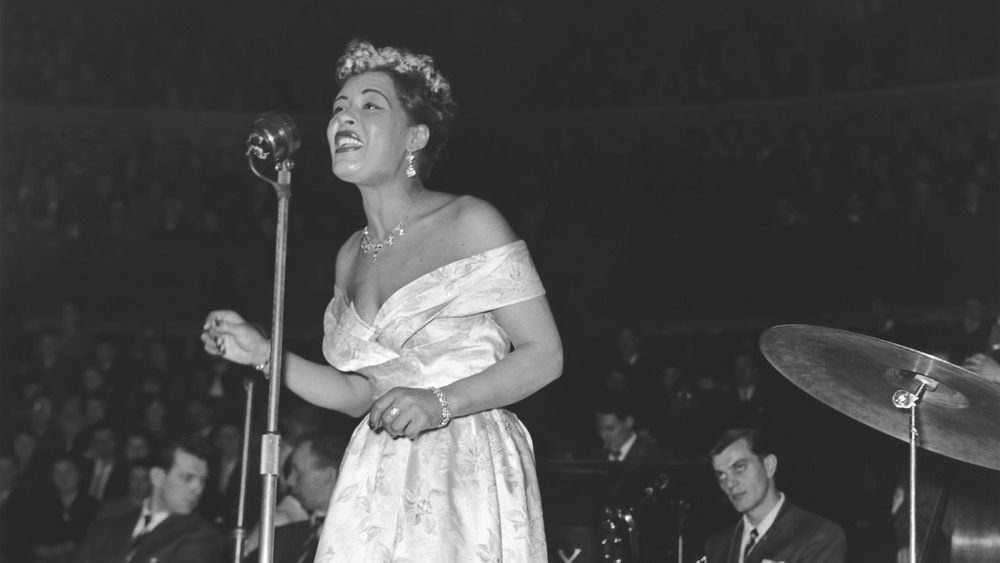 Billie Holiday performs on stage, 14 February 1954.