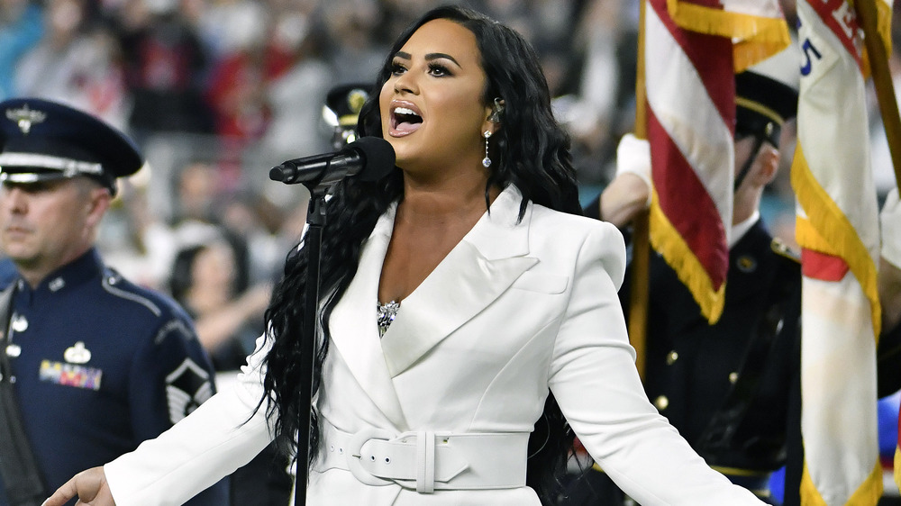 Demi Lovato singing at Super Bowl 