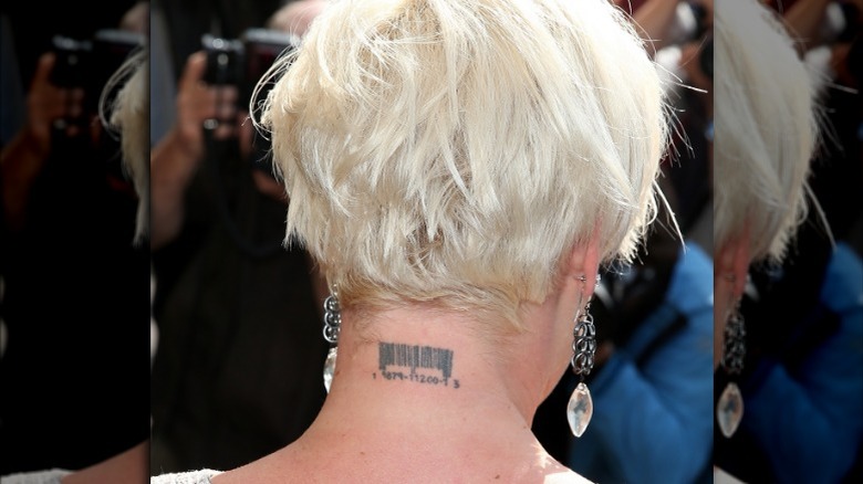 Barcode tattoo on Pink's neck