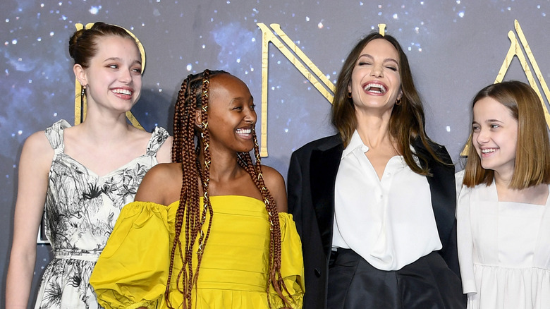 Shiloh Jolie-Pitt, Zahara Jolie-Pitt, Angelina Jolie, Vivienne Jolie-Pitt, at the UK Gala screening of Marvel Studios' "Eternals" 2021