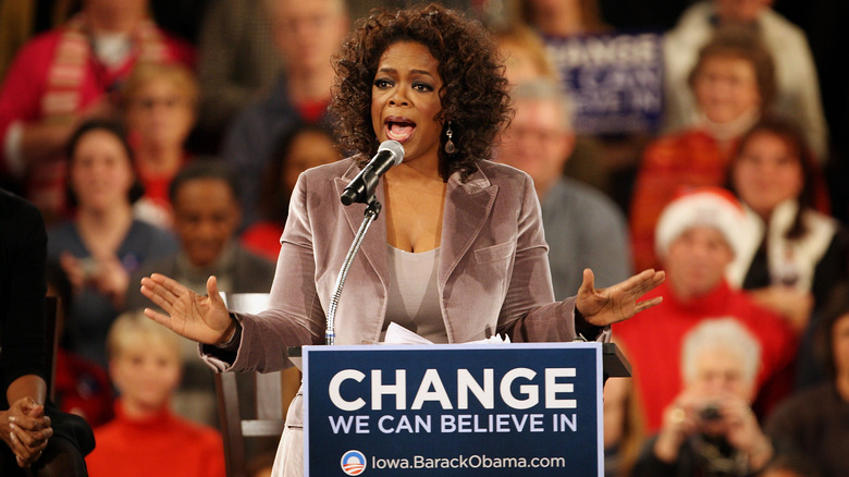 Talk show host Oprah Winfrey addressing a crowd gathered at a rally for Democratic presidential hopeful Sen. Barack Obama