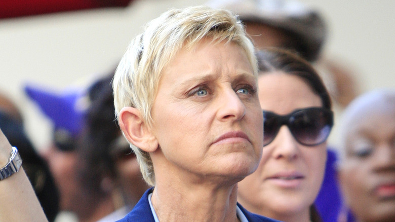 Ellen DeGeneres with a serious expression