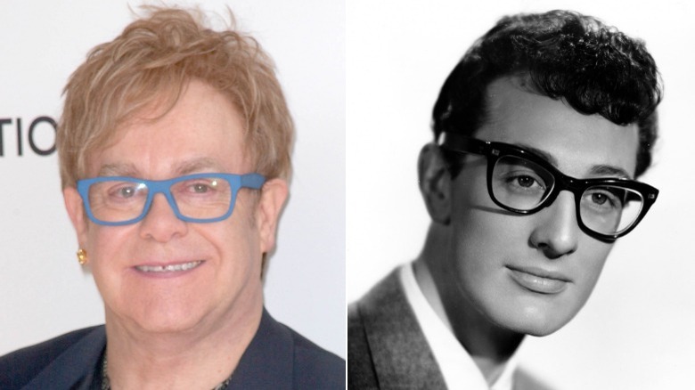 Elton John and Buddy Holly wearing glasses in split image