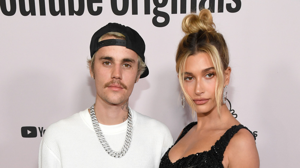 Justin and Hailey Bieber posing on the red carpet