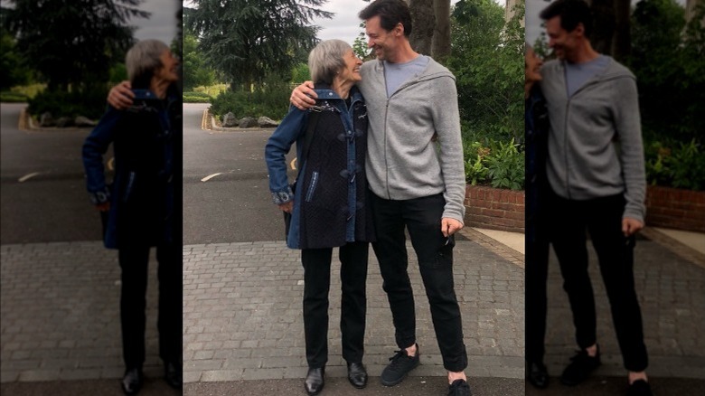 Hugh Jackman and mom looking at each other