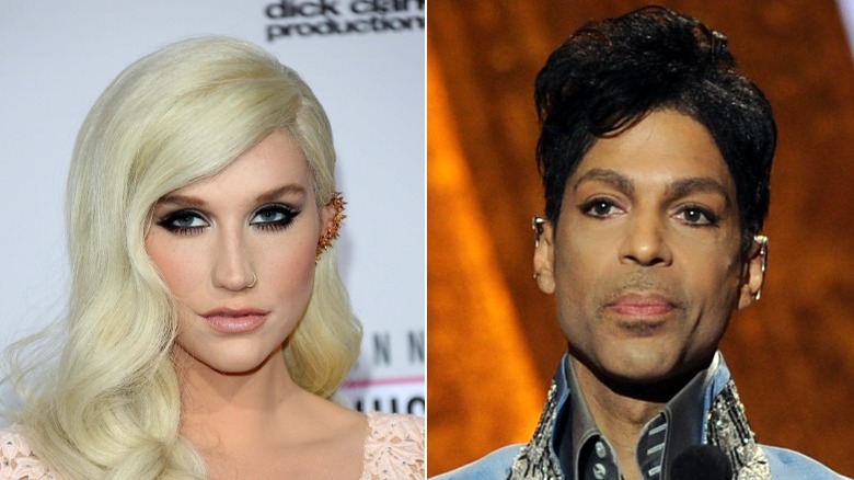 Kesha and Prince with serious expressions