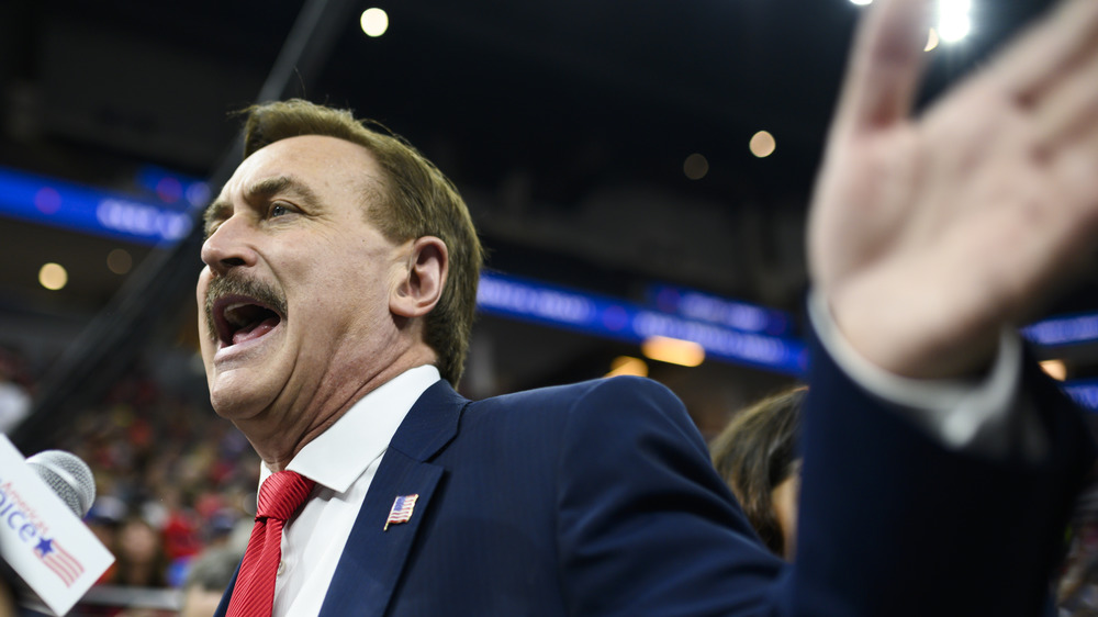 Mike Lindell at a Donald Trump campaign rally in 2020