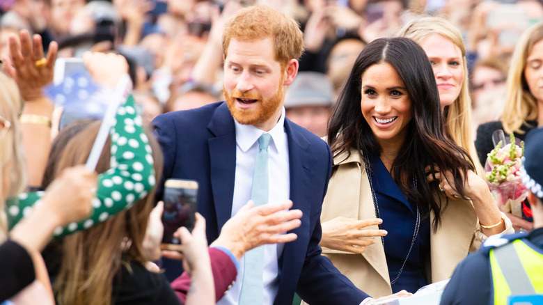 Prince Harry and Meghan Markle greeting a crowd