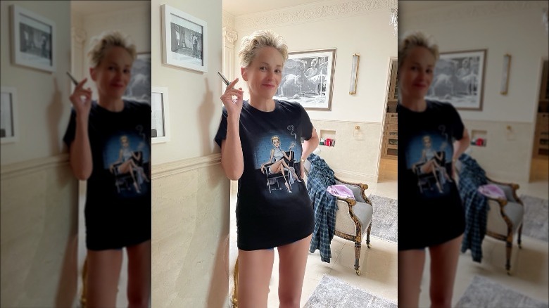 Sharon Stone wearing a T-shirt of her Basic Instinct character