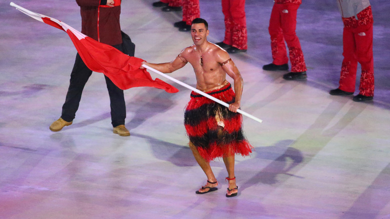 Tongan flag bearer Pita Taufatofua participating in the PyeongChang 2018 Winter Olympics opening ceremony