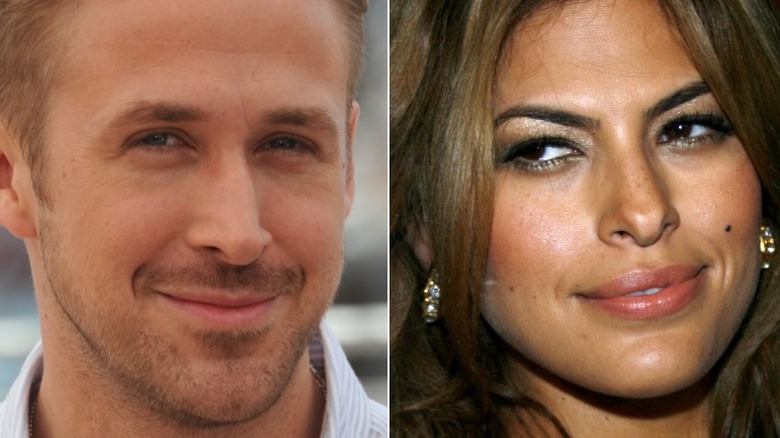 Ryan Gosling smiling, Eva Mendes side eye smirk