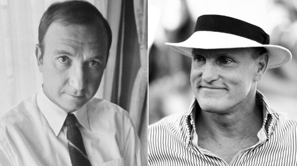 Neil Simon looking at camera; Woody Harrelson grinning with hat on