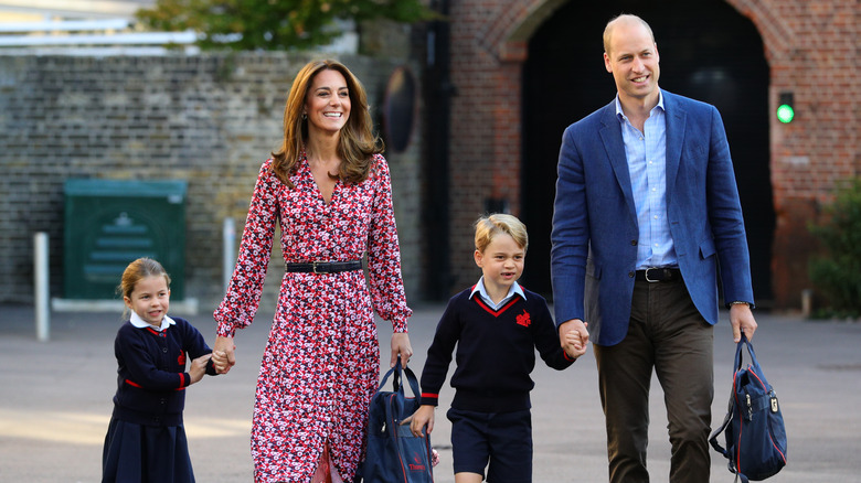 Kate Middleton and Prince William taking Princess Charlotte and Prince George to school