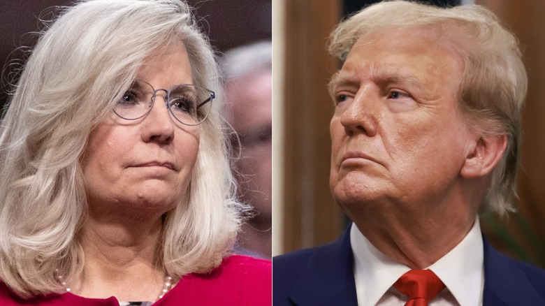 Split image of Liz Cheney and Donald Trump looking serious in close-up