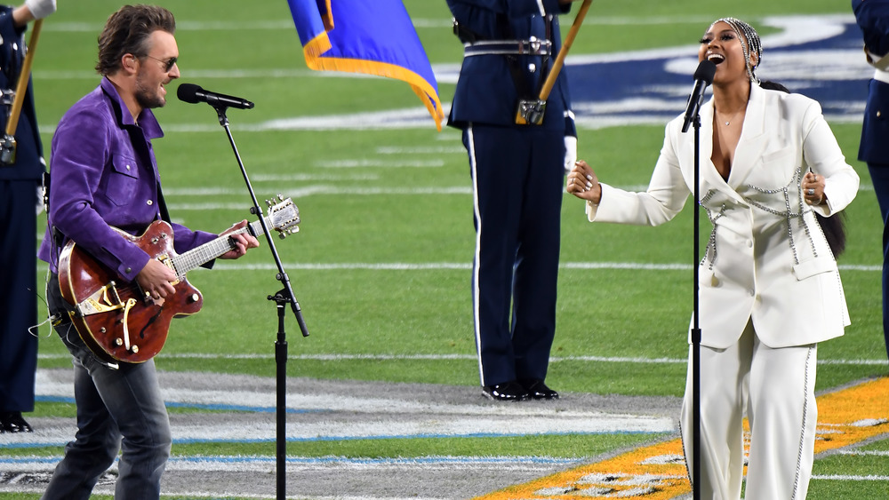 Eric Church and Jazmine Sullivan perform at the Super Bowl LV pregame