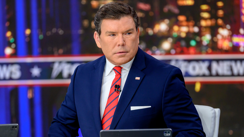 Bret Baier squinting on the set of his Fox show.