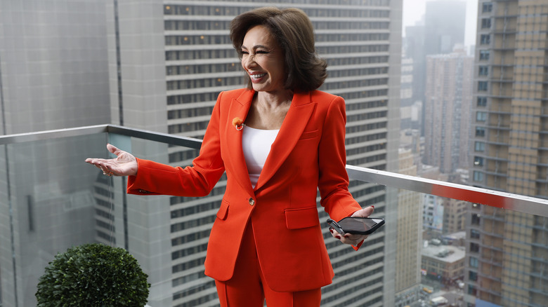 Judge Jeanine Pirro laughing while shooting a segment in New York.