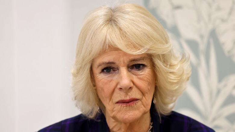 Queen Camilla looking glum in close-up