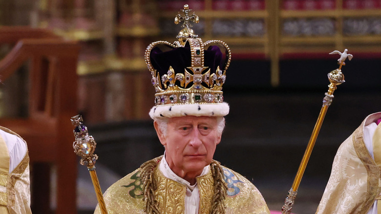 Prince Charles wearing crown during coronation ceremony