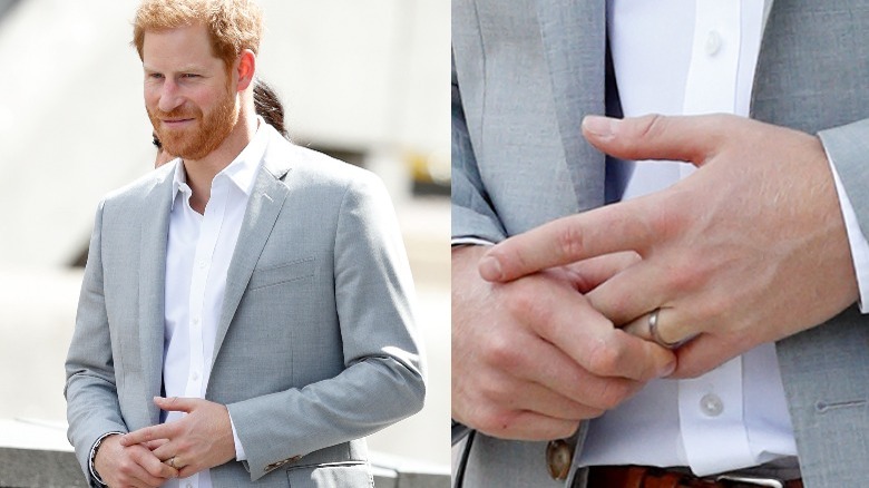 Prince Harry in grey blazer and wedding ring