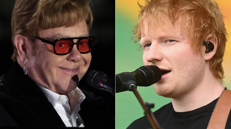 Elton John and Ed Sheeran performing split image