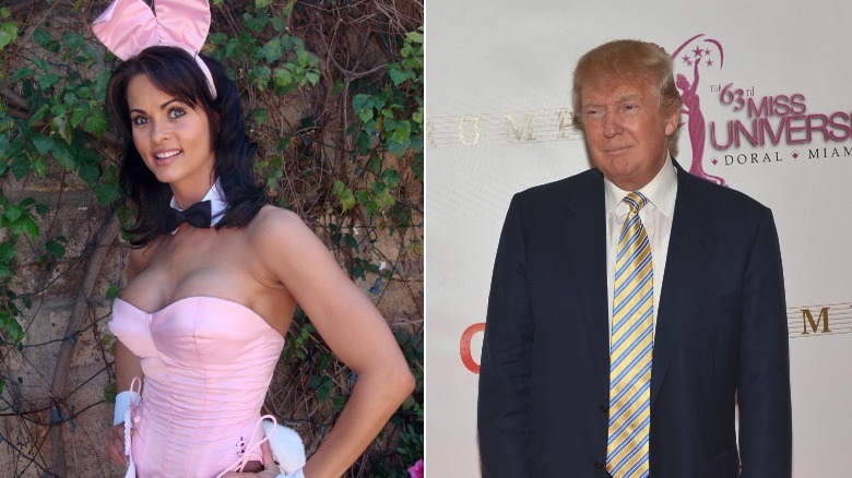 Karen McDougal dressed as a Playboy bunny; Donald Trump on a red carpet